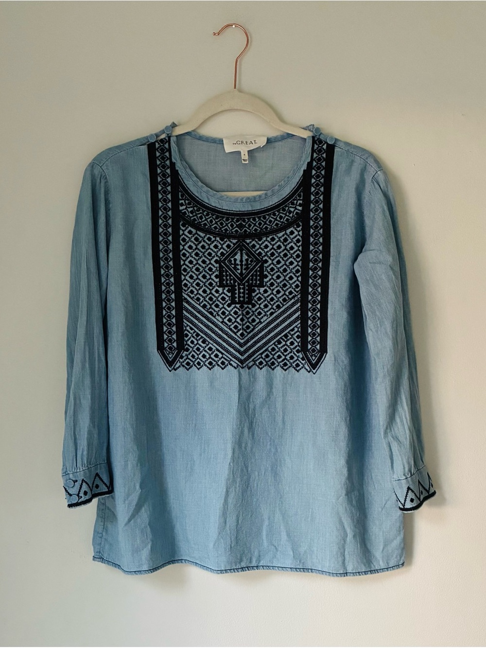 THE GREAT. Chambray Embroidered Blouse Size XS/S
